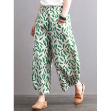 Print Leaves Oversized Pockets Elastic Waist Wide Leg Pants