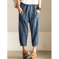 Pocket Stripe Loose Harem Pants For Women