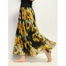 Bohemian Chiffon Floral Print Elastic Waist Maxi Skirt For Women