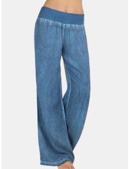 Women Mid Waist Casual Solid Denim Wide Leg Pants