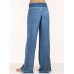 Women Mid Waist Casual Solid Denim Wide Leg Pants