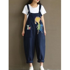 Print Cartoon Pocket Bib Cargo Cotton Jumpsuit