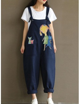 Print Cartoon Pocket Bib Cargo Cotton Jumpsuit