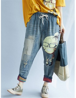 Cartoon Print Elastic Waist Harem Casual Denim