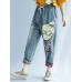 Cartoon Print Elastic Waist Harem Casual Denim