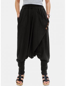 Casual Cross Wrap Button Solid Color Women Harem Pants