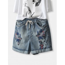 Women Floral Embroidered Drawstring Vintage Short Jeans