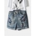 Women Floral Embroidered Drawstring Vintage Short Jeans