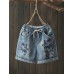 Women Floral Embroidered Drawstring Vintage Short Jeans