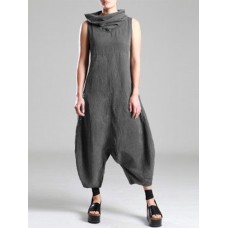 Sleeveless Pile Collar Crotch Drop Bib Cargo Jumpsuit