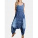 Women Button Denim Solid Color Loose Casual Overall Harem Romper