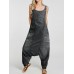 Women Button Denim Solid Color Loose Casual Overall Harem Romper
