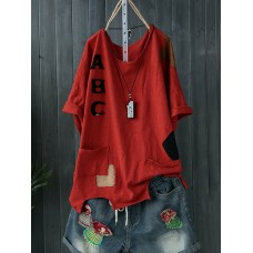 Literary O-neck Short-sleeved Patch Letters Stitching T-shirt