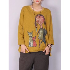 Women Cartoon Cat Print Long Sleeve Casual T-shirt