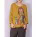 Women Cartoon Cat Print Long Sleeve Casual T-shirt