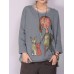 Women Cartoon Cat Print Long Sleeve Casual T-shirt