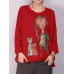 Women Cartoon Cat Print Long Sleeve Casual T-shirt