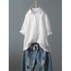 Lace Button Turn Down Collar Solid Color Shirt