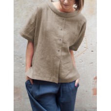 Patchwork Fake Button Crew Neck Short Sleeve Shirt