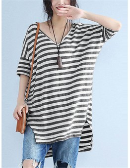 Casual Striped V Neck Slit High Low T-Shirt