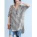 Casual Striped V Neck Slit High Low T-Shirt