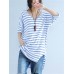 Casual Striped V Neck Slit High Low T-Shirt