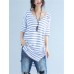 Casual Striped V Neck Slit High Low T-Shirt