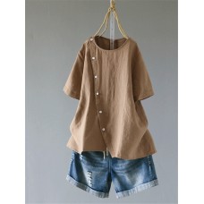 Casual High Low Button Solid Color Short Sleeve Blouse