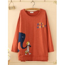 Letter Cartoon Print Long Sleeve O-neck Casual T-shirts