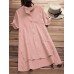 Vintage Pure Color Irregular Hem Short Sleeve Women Blouse