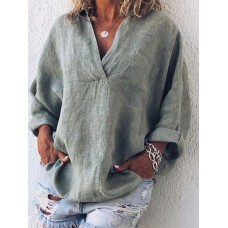 Lapel Solid Color Loose Long Sleeve Blouse For Women