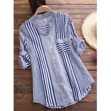 Patchwork Stripe Print Stand Collar Irregular Casual Shirts