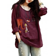 Print Long Sleeve Pocket Loose Cotton Women T-Shirt