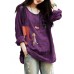 Print Long Sleeve Pocket Loose Cotton Women T-Shirt