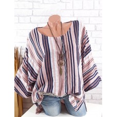 Ethnic Print Striped Long Sleeve Crew Neck Casual Shirt