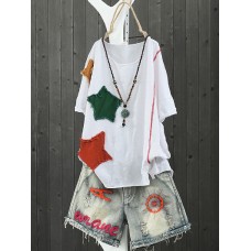 Star Patchwork Round Neck Pullover High Low T-Shirt