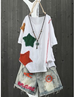 Star Patchwork Round Neck Pullover High Low T-Shirt