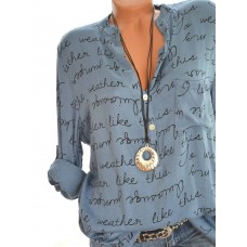 Printed Letters V-neck Button Long Sleeve Shirts