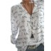 Printed Letters V-neck Button Long Sleeve Shirts