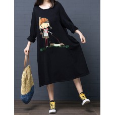 Cotton Cartoon Printed Long Sleeve Pullover Dress with Pockets