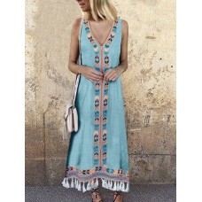 Ethnic Print Patchwork Tassels Sleeveless Vintage Dress
