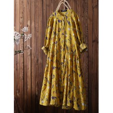 Leaves Floral Print Long Sleeve Vintage Dress For Women