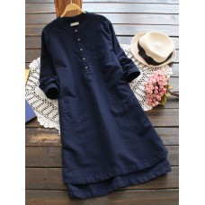 Women Pure Color Buttons Vintage Shirt Mini Dresses