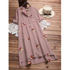 Irregular Floral Embroidered Pockets Short Sleeve Vintage Dresses