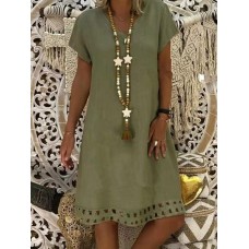Hollow Solid Color Short Sleeve Casual Dress For Women