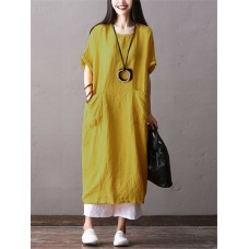 Vintage Short Sleeve Crew Neck Side Pockets Dress