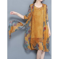 Vintage Chiffon Women Two Pieces Set Half Sleeve Print Dresses