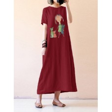 Short Sleeve Cartoon Print Casual Dress For Women