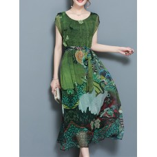 Women Vintage Printed Short Sleeve Mid-Long Dresses