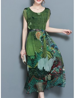 Women Vintage Printed Short Sleeve Mid-Long Dresses